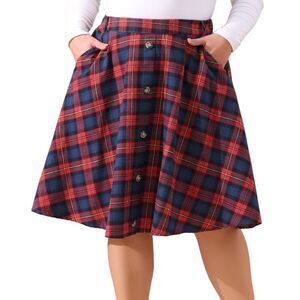 Plus Size Vintage Plaid High Waist Button Front Skirt with Pockets Red Blue